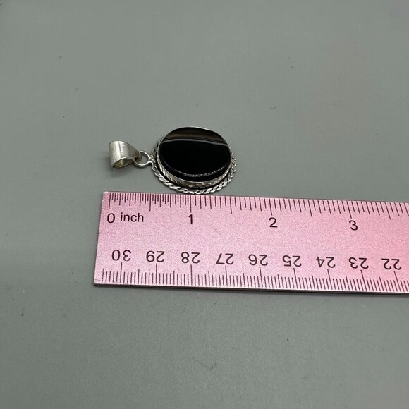 Black Agate Striped Pendant 925 Sterling Silver Oval Twisted Rope Frame 1.5" - Picture 8 of 11